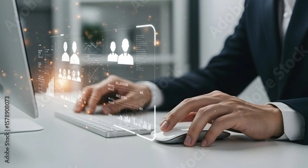 Fototapeta Business Professional Using Computer with Futuristic Interface for Data Analysis and Recruitment