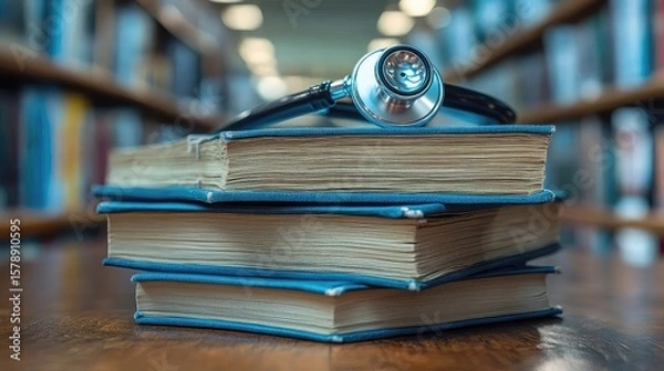 Obraz Medical research publications stack, healthcare journals, scientific articles, clinical study results, academic documents, hospital research data, evidence-based literature