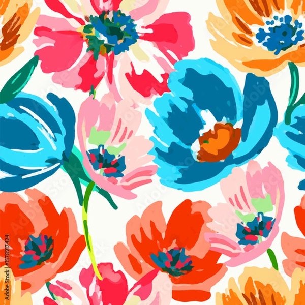 Fototapeta Vibrant seamless floral vector pattern with hand-painted colorful flowers. Ideal for textile prints, wrapping paper, spring and summer decor, fashion backgrounds