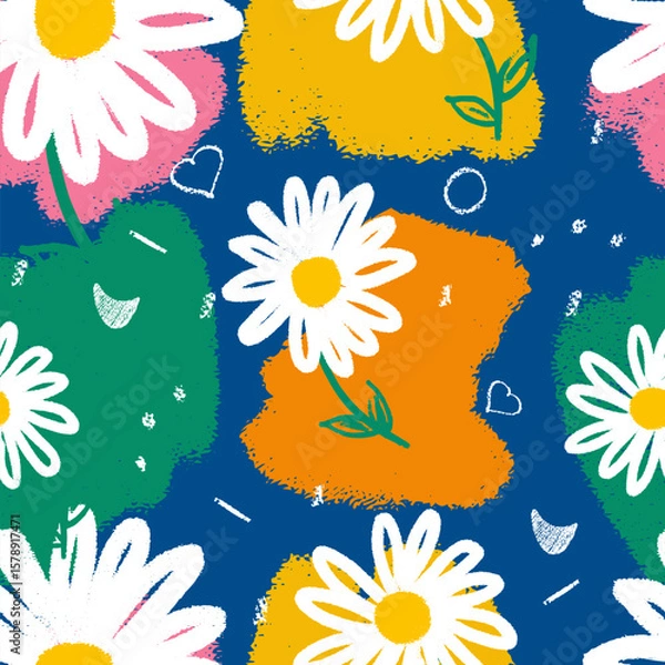 Fototapeta Playful vector seamless floral pattern with cheerful daisies on colorful textured blobs. Ideal for kids textiles, wrapping paper, spring or summer-themed designs