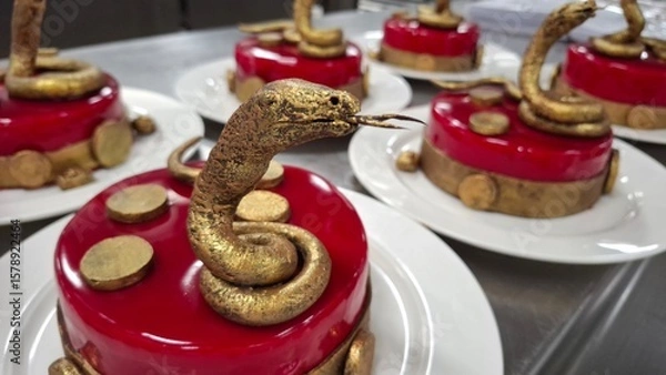 Fototapeta Elegant Desserts with Golden Snake Decorations and Red Mirror Glaze