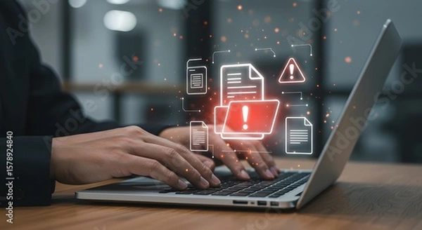 Fototapeta Data Security Breach Alert: Business Professional Working on Laptop with Warning Icons
