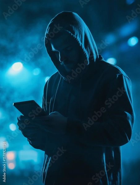 Obraz Ultra HD PNG of a male wearing hoodie using phone. blue background protection hacker spy feel