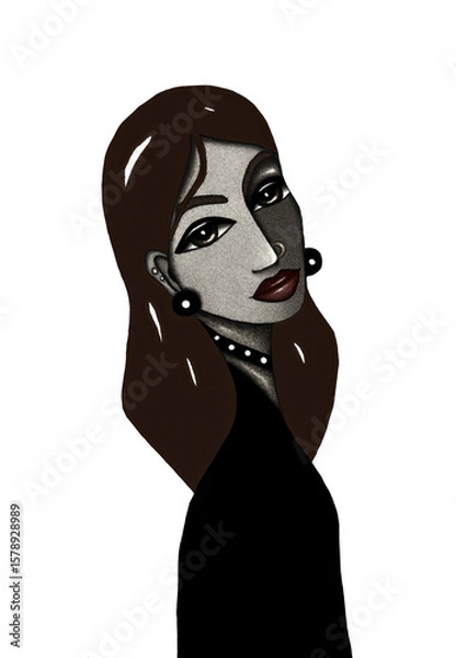 Fototapeta Elegant abstract woman in black dress with earrings and necklace, grayscale minimalist female portrait, digital PNG art with transparent background for fashion, branding, and creative use