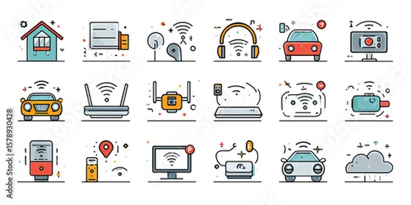 Fototapeta Minimal Line Icons of IoT Technology and Connected Devices