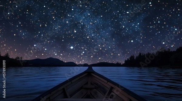 Fototapeta Bright star clusters seen from a floating boat in a dark lake