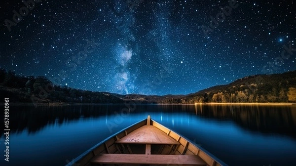 Fototapeta Bright star clusters seen from a floating boat in a dark lake
