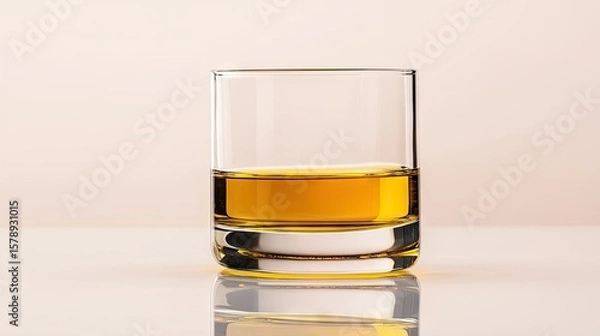 Obraz Elegant Whiskey Glass with Amber Liquid on Reflective Surface