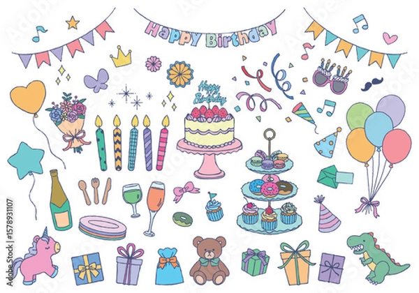 Obraz 誕生日パーティーイラストセット　線画カラー