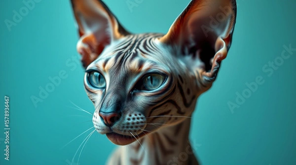 Fototapeta An extreme macro close-up of a sphinx cat, showcasing small subject details in a modern flat design, utilizing simple two-dimensional shapes