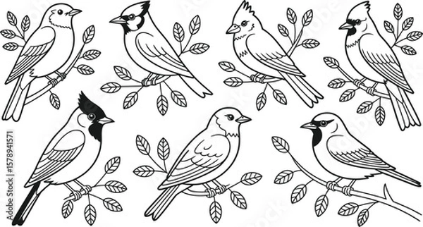 Fototapeta Seamless cartoon bird pattern with cute flying animals, tree branches, and spring flowers, perfect for nature-themed design