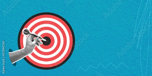 Obraz Trendy halftone art collage. Hand holding dart aimed at target on blue background with space for text. Business goal setting, aiming, focus concept.