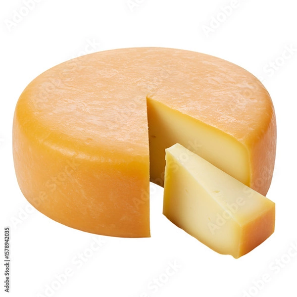 Fototapeta Isolated Transparent Background Of A Round Cheese with Cut Wedge