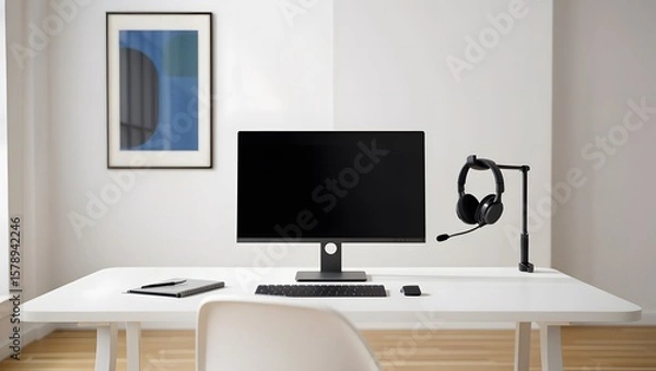 Fototapeta Modern desk setup with computer and artwork monitor keyboard