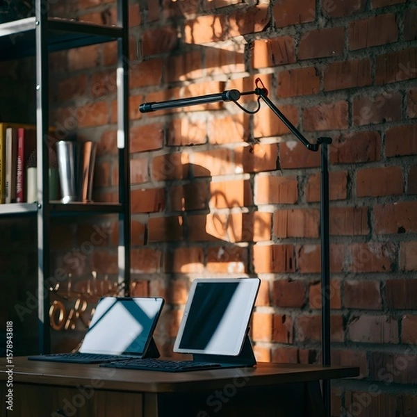 Obraz Modern desk setup with tablets and adjustable lamp against brick wall keyboard
