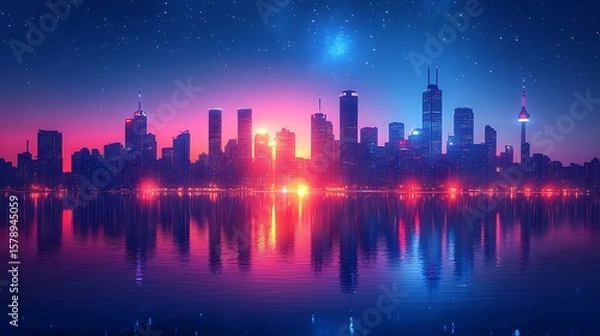 Fototapeta Colorful neon cityscape at dawn or dusk