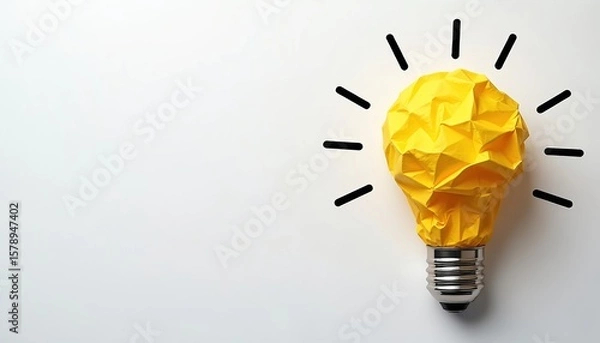 Fototapeta Creative idea concept, illustrated by yellow crumpled paper light bulb with black lines on white backdrop. Metaphor for innovative thinking, creative process, brainstorming, solution, new ideas.