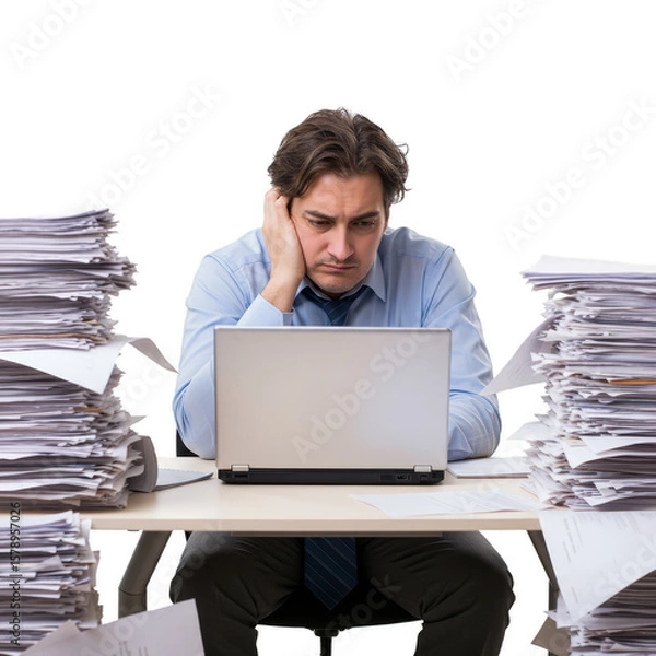 Fototapeta Stressed Businessman Overwhelmed by Paperwork at Office Desk Computer PNG