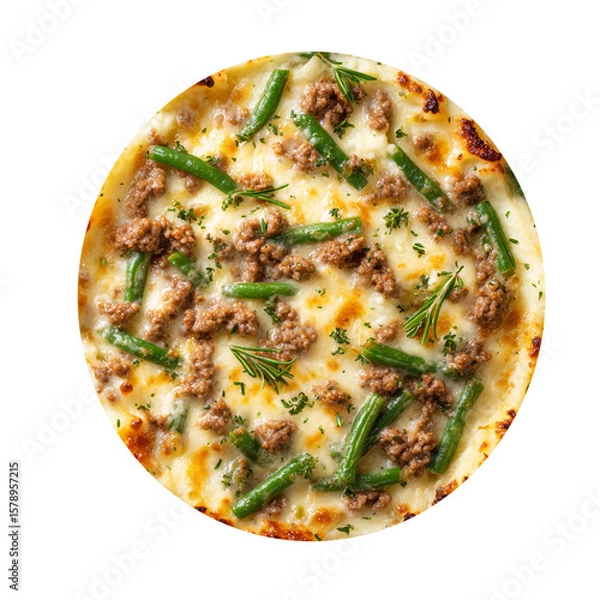 Fototapeta A delicious pizza with green beans and meat is presented from above, showcasing its appetizing and savory toppings isolated on transparent background