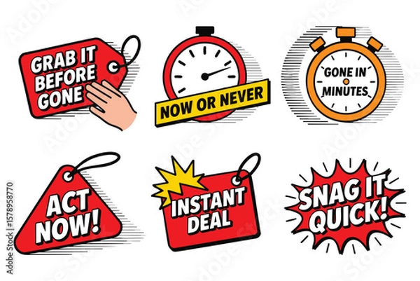 Fototapeta Urgent Sale Tags: Flash Sale, Act Now, Limited Time Offers, Pop Art Design Elements
