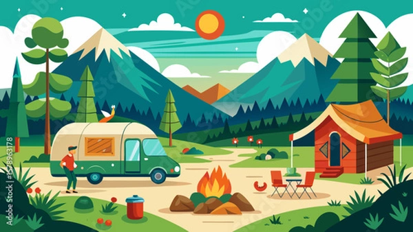 Fototapeta Man enjoys camping in a scenic mountain landscape with a camper van and tent