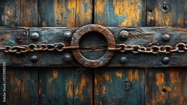 Fototapeta Weathered wooden door with rusty metal ring, chain, and old bolts showing distressed textures