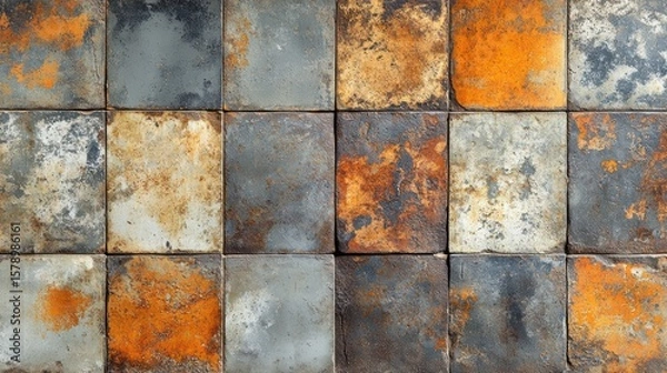 Fototapeta Distressed Ceramic Tile Collage Displaying Varied Textures and Oxidized Tones