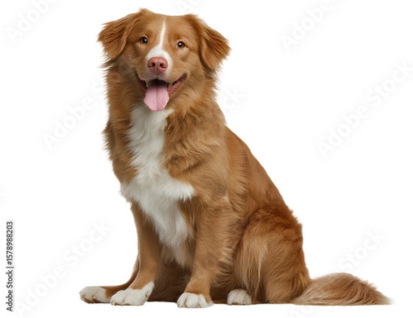 Fototapeta Nova Scotia Duck Tolling Retriever Sitting with Tongue Out and Feathered Tail, Front View, Isolated on Transparent Background