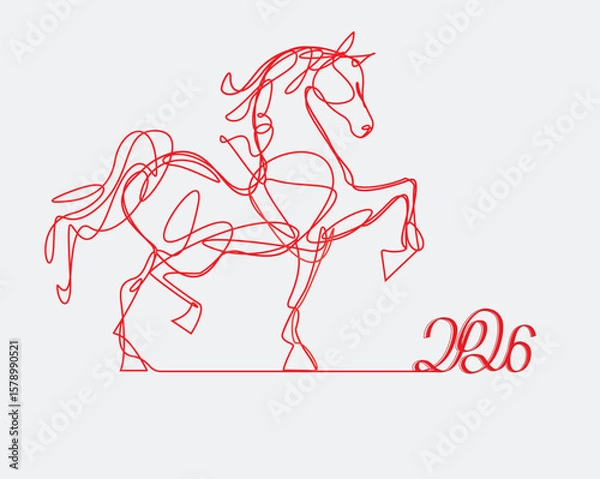 Fototapeta Red  horse symbol of new year 2026 according to Asian Chinese calendar. greeting card or banner in linear style. vector illustration

