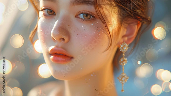 Fototapeta a portrait image of a little chubby asian model, focus on neck and ear wearing luxury jewelry, bright atmosphere, real skin texture