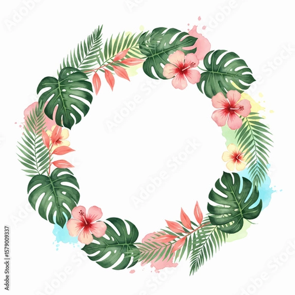 Fototapeta Palm Leaves Floral Border Arranged in Circular Tropical Wreath for Tropical Frame With Palm Leaves Illustration