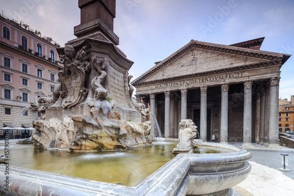 Obraz View of old Pantheon a circular building with a portico of granite Corinthian columns and its fountains Rome Lazio Italy Europe