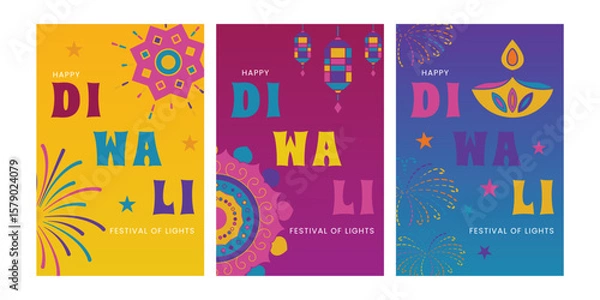 Fototapeta Vector illustration of Diwali Invitation Cards. Diwali greeting cards featuring mandala, diya, fireworks with vibrant color
