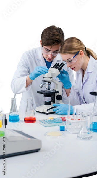 Fototapeta Realistic Image Two Scientists Conducting Experiment with Microscope Isolated