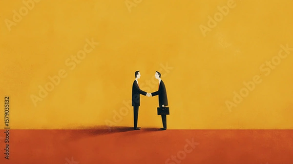 Fototapeta ​​Minimalist Business Partnership Concept: Stylized Executives Handshake on Vibrant Yellow Background with Orange Floor​​