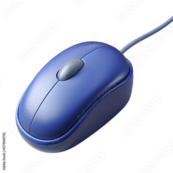 Fototapeta A blue computer mouse with a grey scroll wheel and cord isolated on transparent background