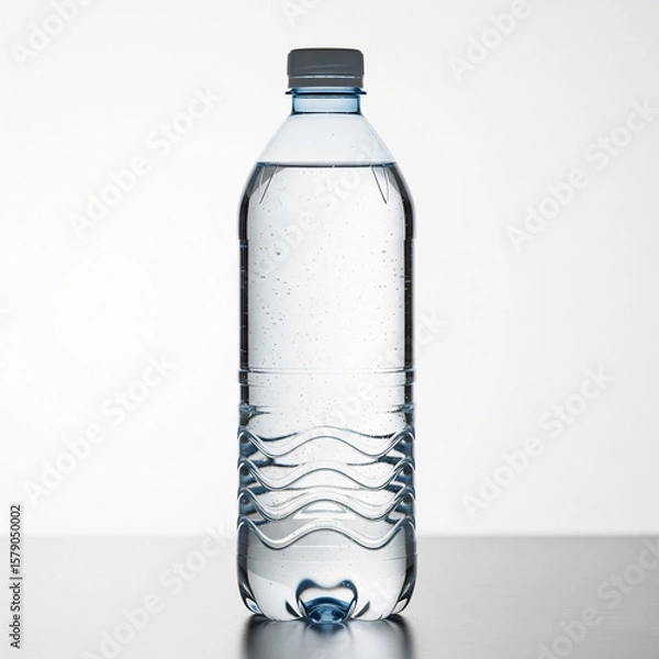 Fototapeta A transparent plastic water bottle filled with clear water, standing upright against a neutral background. The bottle has a gray cap and a wavy grip design near the bottom.