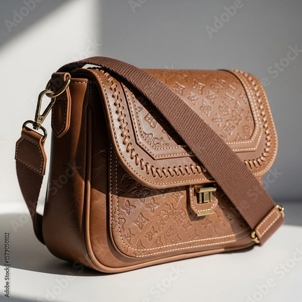 Fototapeta A medium-sized brown leather shoulder bag featuring a textured floral pattern and intricate stitching details on the flap. It is equipped with a broad, adjustable fabric strap and gold-toned hardware.