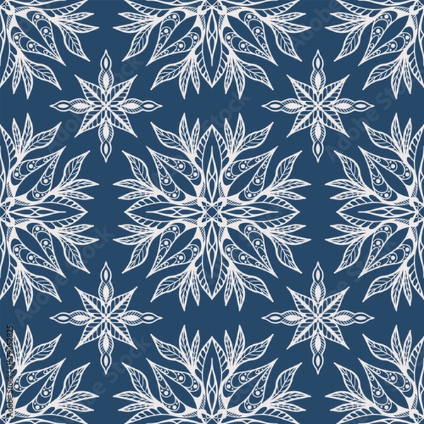 Fototapeta Fantasy ornament. Seamless pattern with light flowers on blue background. Vector. Template for fabric and textile, wallpaper, packaging, cover.