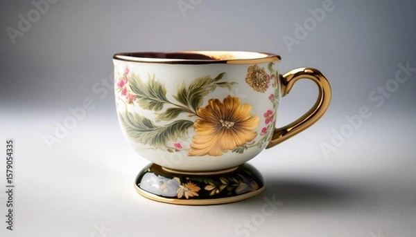 Fototapeta charming decorated ceramic cup stands on a small base featuring a handle and a delightful floral pattern adding a touch of elegance to teatime or coffee breaks