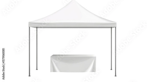 Fototapeta Title: Minimalist White Showcase Display Tent with Table Isolated on Clean White Background