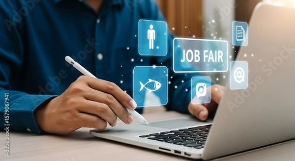 Fototapeta Digital navigator seeks career paths Job fair icons glow around their sleek laptop Finding future success on a virtual
