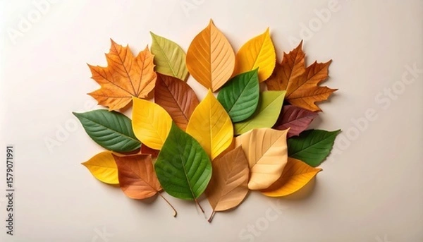 Fototapeta Artistic representation of autumn foliage leaves with layered design, 3D textures, and warm colors on clean background