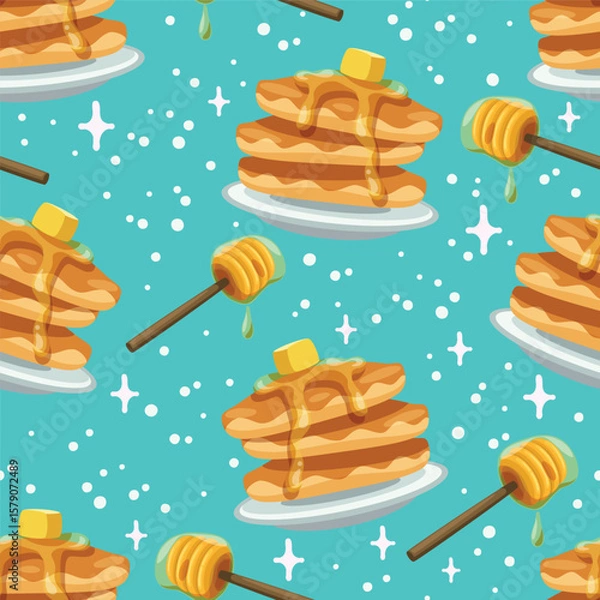 Fototapeta Seamless vector pattern of cute pancakes with syrup and honey dipper on a blue background. Perfect for fabric, packaging, wrapping paper, wallpaper and fashion prints or food-themed designs.
