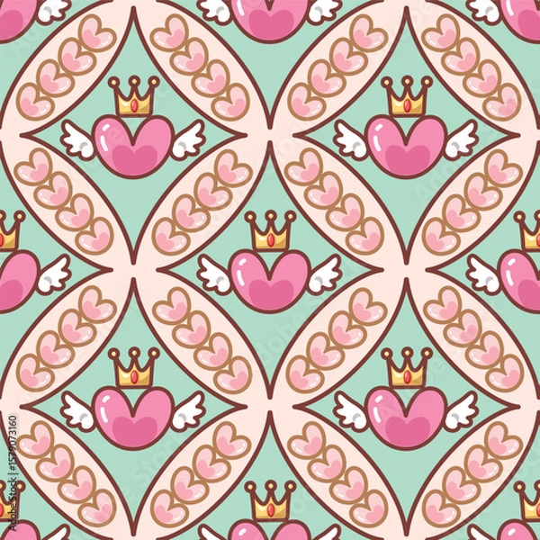 Fototapeta Seamless pattern cartoon of pink heart with wings and a crown on top of the heart. This is a cute, sweet abstract piece. Pattern design for wrapping paper, wallpaper and fashion prints.