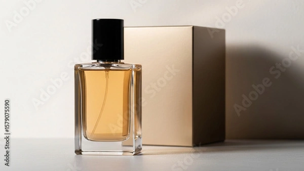Fototapeta A luxurious perfume bottle with a gold box in the background png