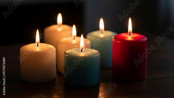 Fototapeta Five lit candles in various colors on a dark surface png