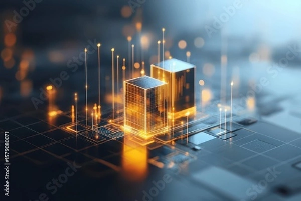 Fototapeta Economy block tax concept. Digital cityscape with glowing skyscrapers and circuit-like patterns.