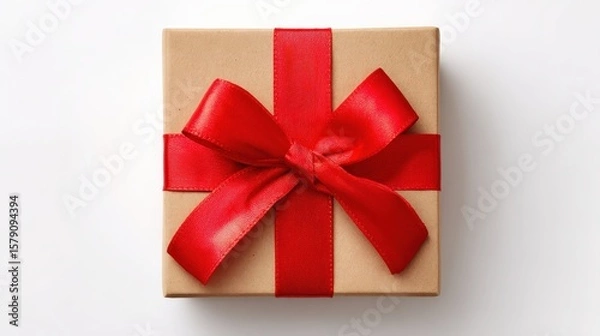 Fototapeta A neatly wrapped gift box with brown paper and a vibrant red ribbon tied in a bow on top.