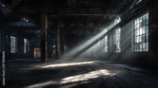 Obraz Abandoned Warehouse Interior with Sunlight Streaming Through Windows